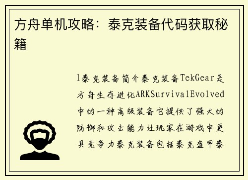 方舟单机攻略：泰克装备代码获取秘籍