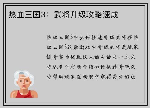 热血三国3：武将升级攻略速成