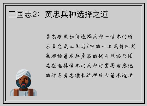 三国志2：黄忠兵种选择之道